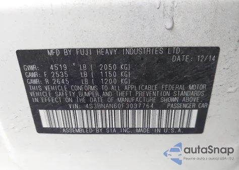 2015 Subaru Legacy 2.5I Limited from USA, damaged, VIN 4S3BNAN60F3037764